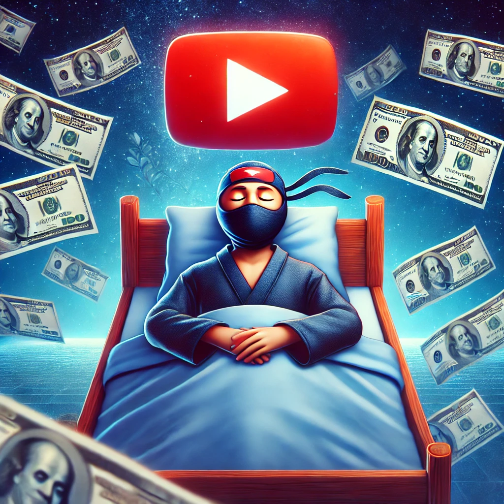 DALL·E 2024-09-09 01.23.47 - Create an image of a ninja sleeping peacefully in his bed, with a dream-like atmosphere suggesting he's inside a YouTube video. Surround the ninja wit
